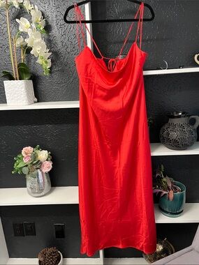 Red Satin Maxi Slip Dress with Cowl Neck